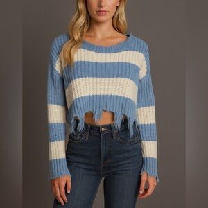 Love J Distressed Blue and Cream Striped Cropped Sweater | S 🔥CLEAR THE CLOSET